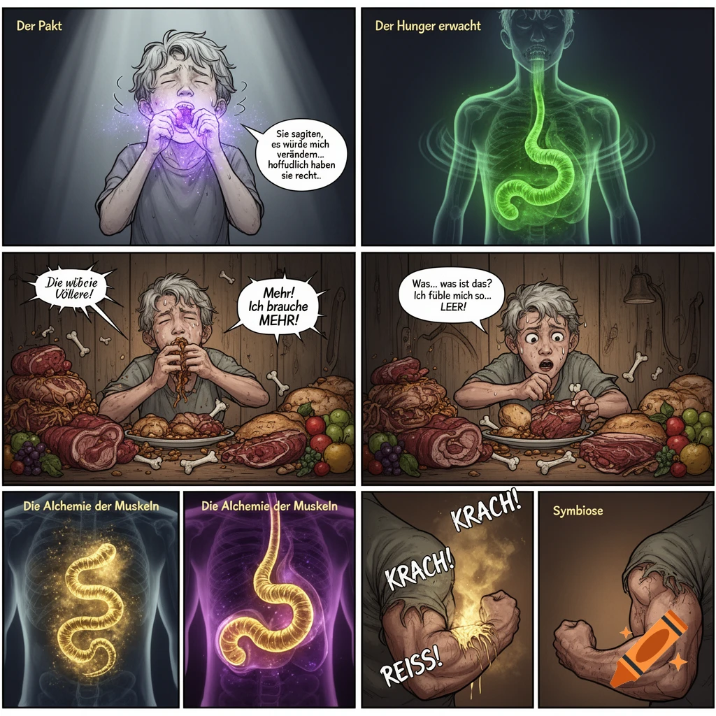 A multi-panel comic shows a boy swallowing a glowing worm, feeling an internal green glow, then ravenously eating piles of food, and finally showing magically enhanced, tearing muscles.