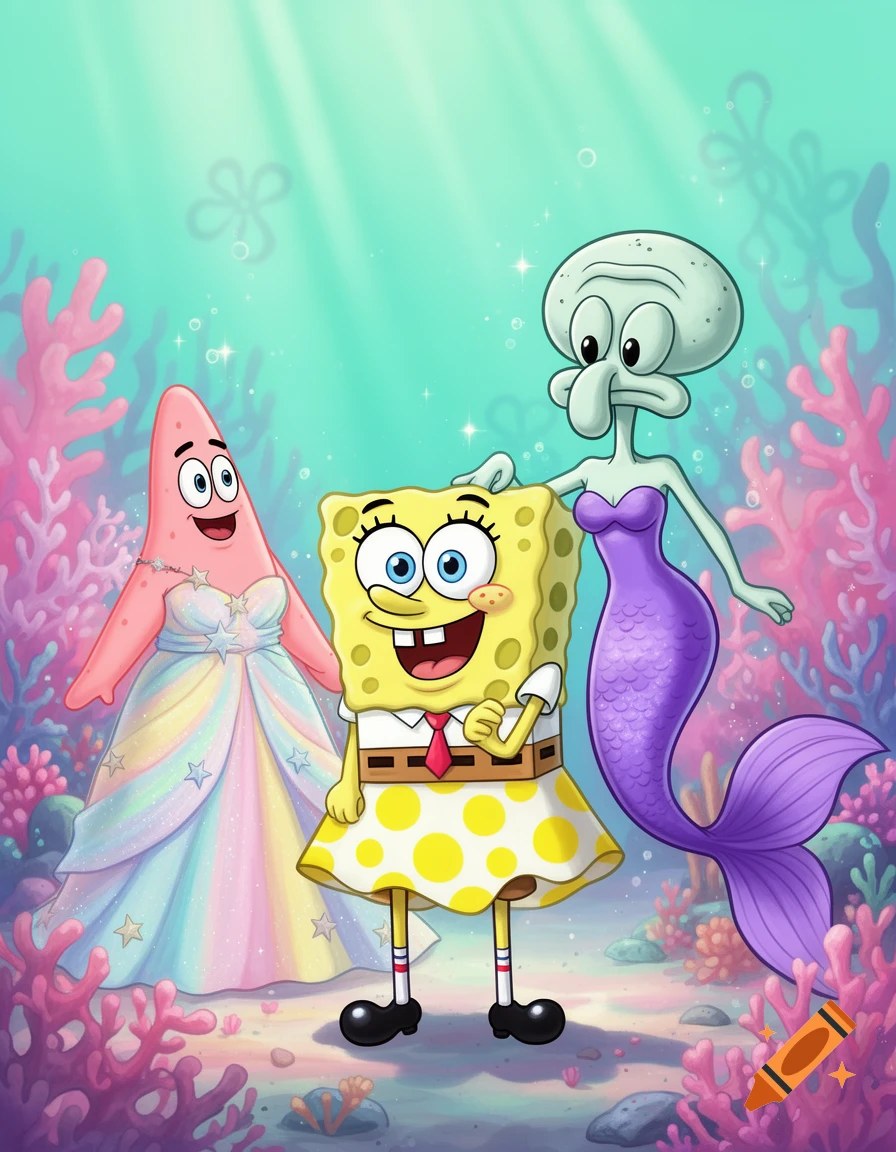 Spongebob, Patrick in a rainbow dress, and Squidward as a mermaid, underwater with coral.
