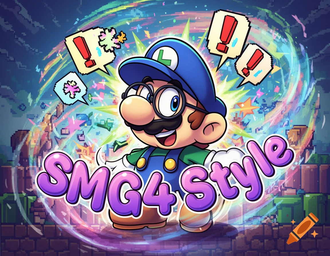 A cartoon character resembling a nerdy Mario/Luigi smiles, surrounded by colorful pixel effects and text "SMG4 Style".