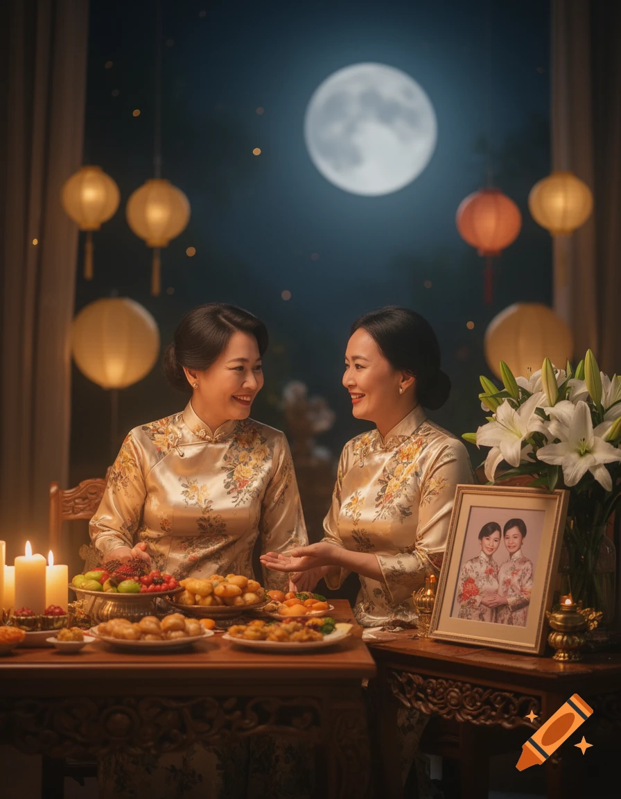 Two women in golden floral cheongsams smile at a festive table laden with food, candles, and lilies, under a full moon and lanterns. A framed photo sits nearby.