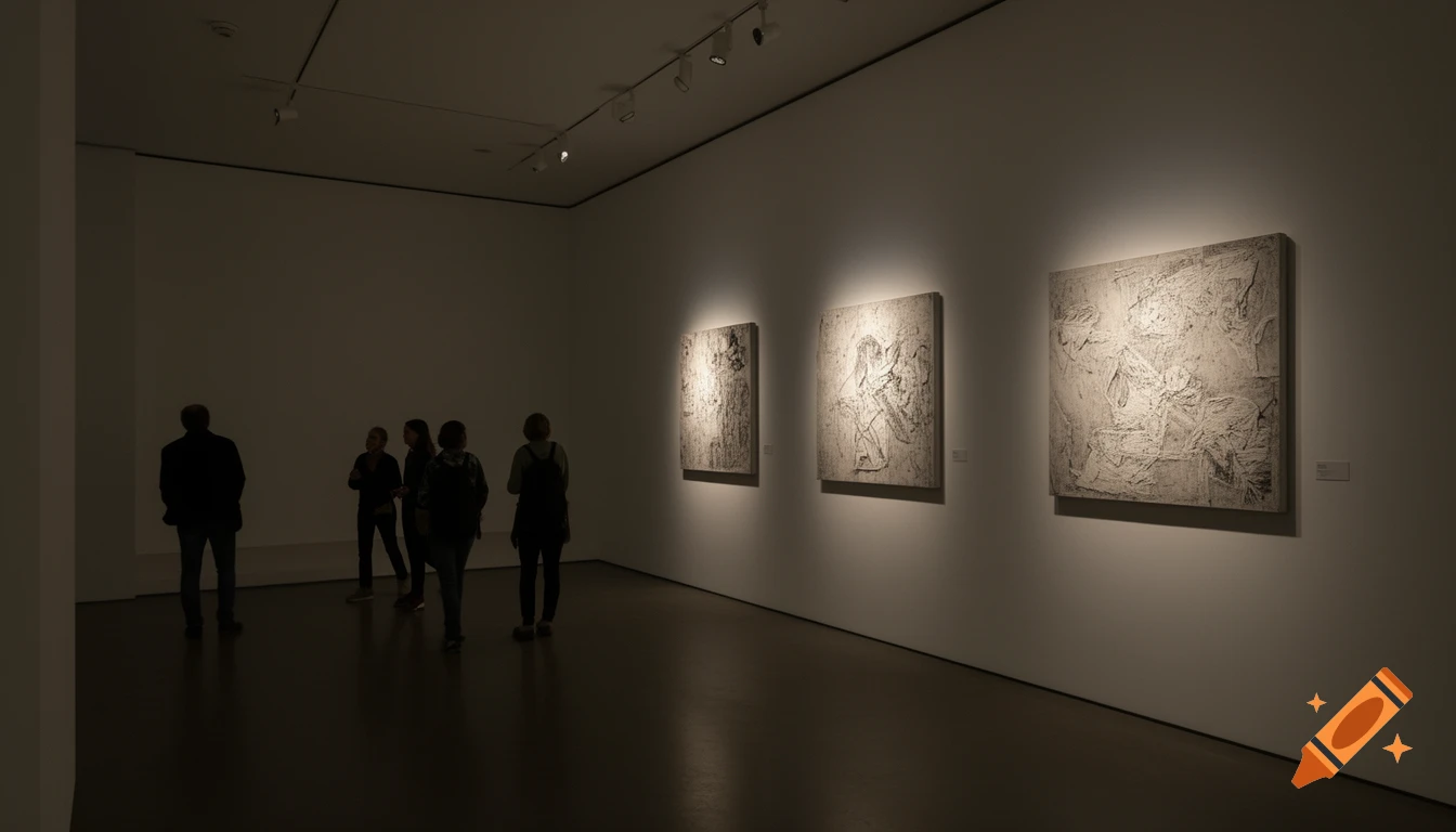 People stand in a dimly lit art gallery, observing three abstract paintings illuminated on a white wall.