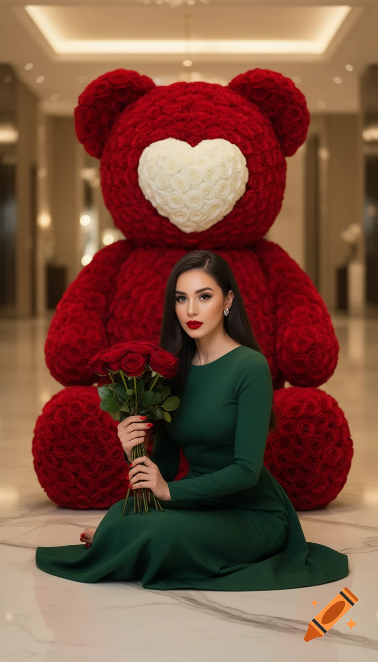 A realistic portrait of an elegant woman sitting on a marble floor, holding red roses, in front of a giant red rose teddy bear.