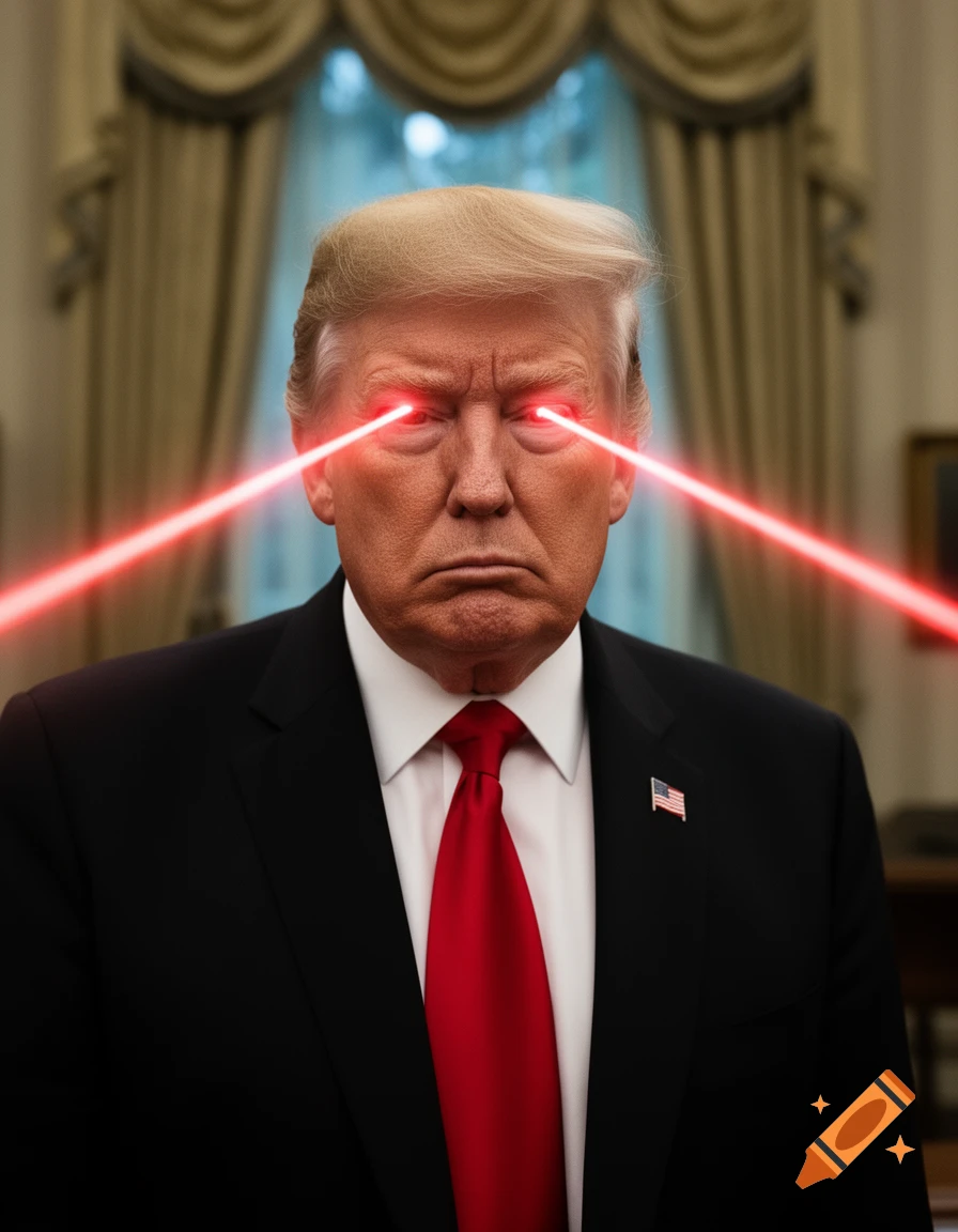 Photorealistic portrait of Donald Trump in a suit and red tie, with red laser beams shooting from his eyes.
