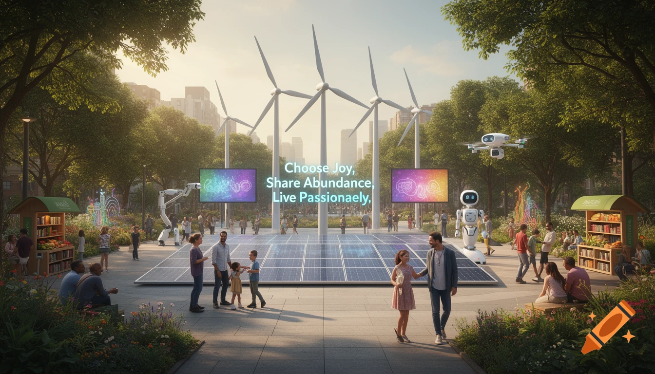 A vibrant, futuristic park with people, wind turbines, solar panels, robots, and a drone under a bright sky, emphasizing community and clean energy.