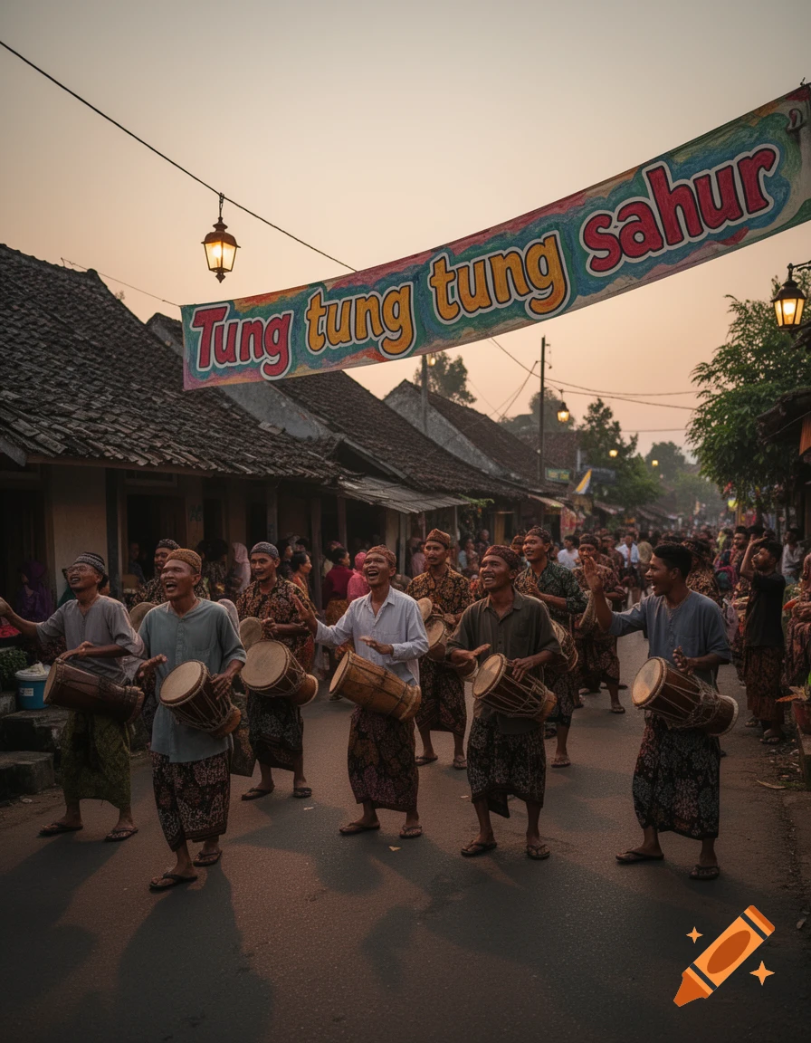 A group of smiling men in traditional attire play drums while walking in a procession under a banner on a village street at dusk.