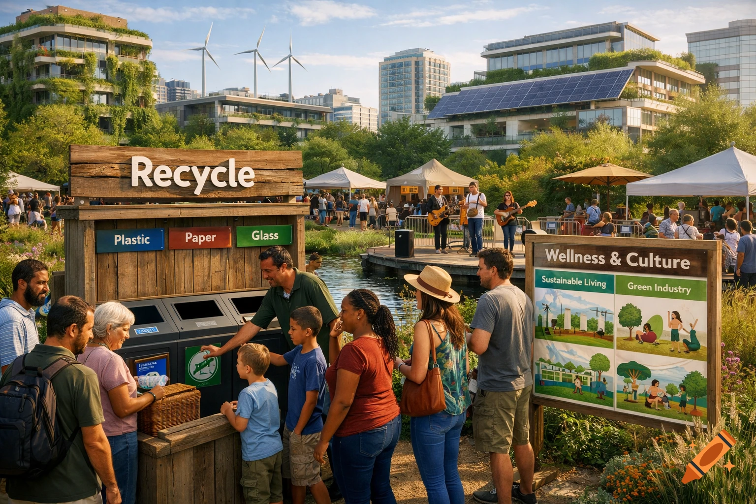 People gather at a sunny outdoor community event with a recycling station, a band playing by a pond, and modern green buildings in the background.