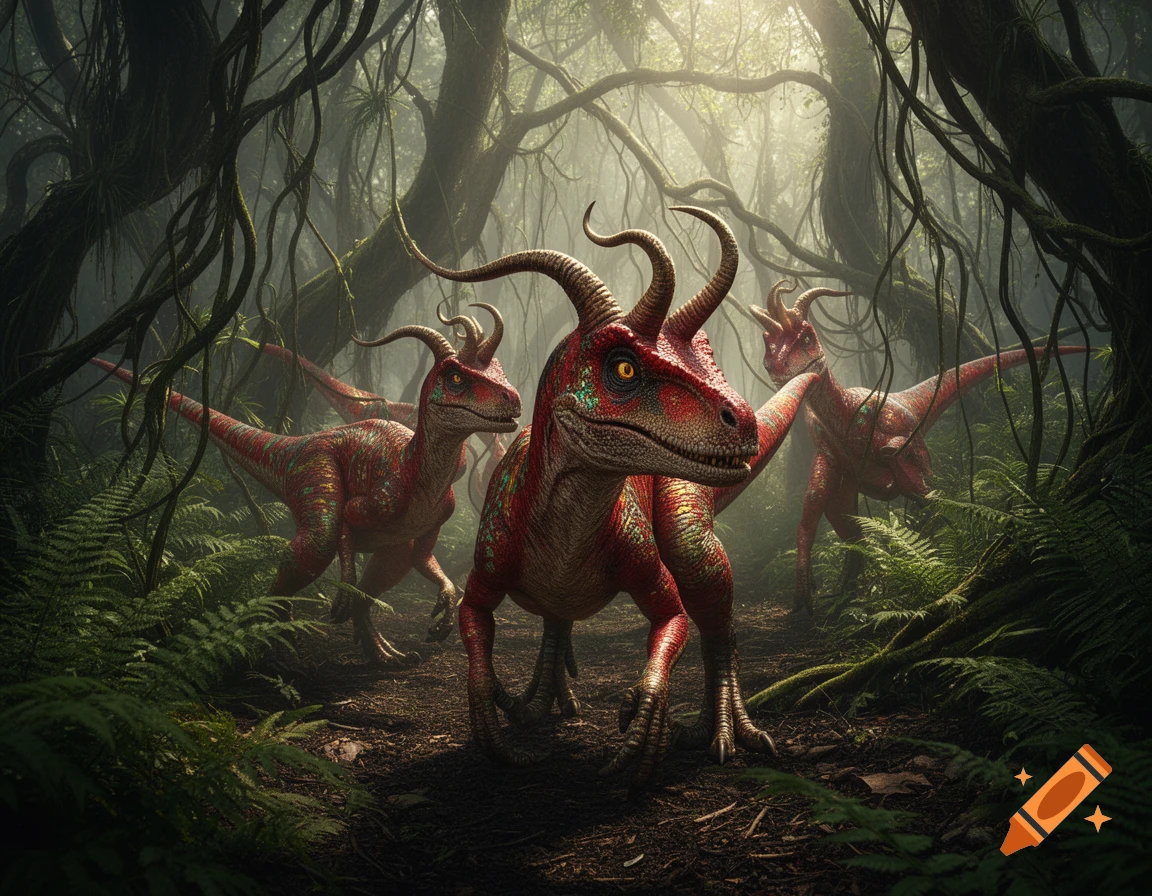 Mistral Raptor Picture Three photorealistic, red-skinned raptors with horns stand in a dark ...