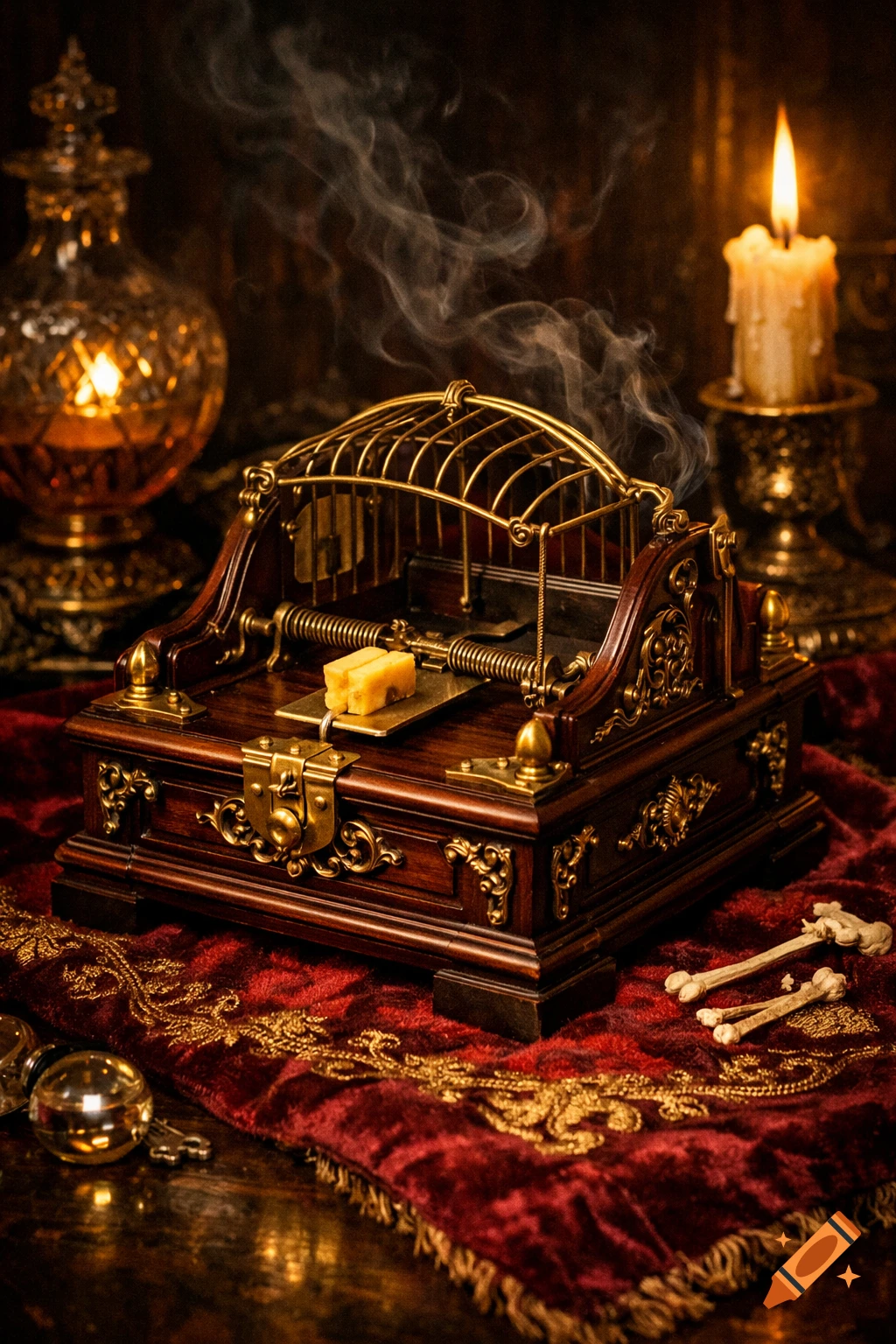 Ornate Victorian mousetrap with cheese bait on a red velvet cloth, surrounded by candles and old keys.