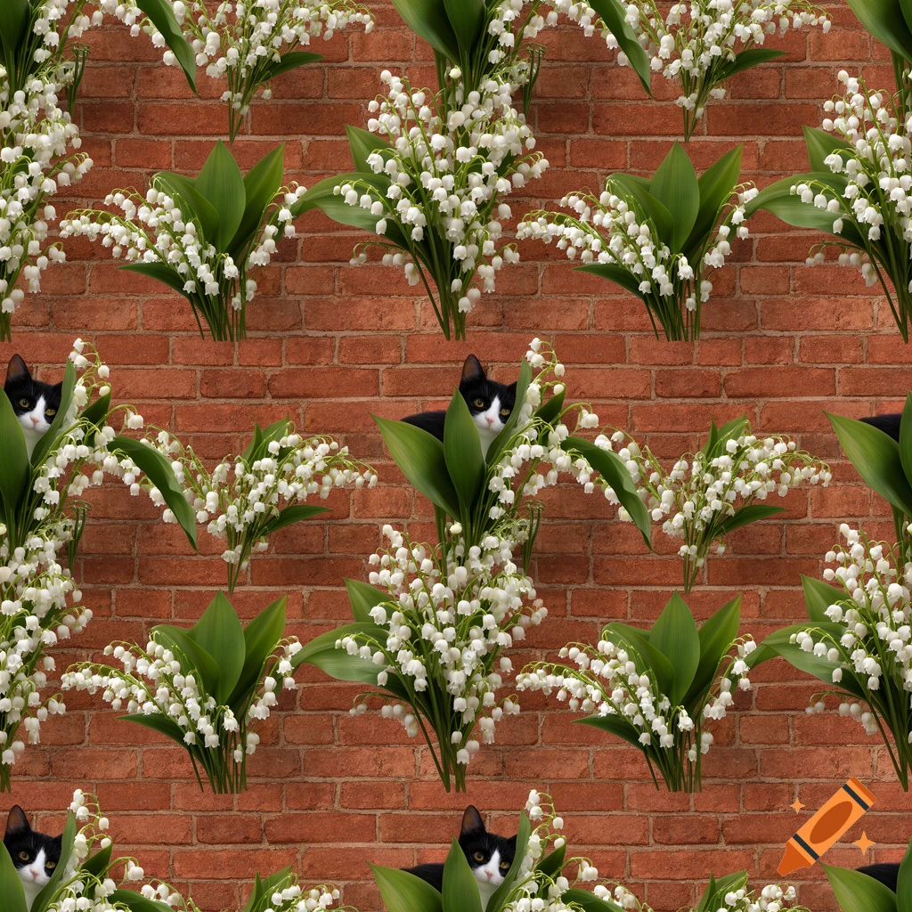 Photorealistic repeating pattern of black and white cats hiding among lily of the valley flowers against a red brick wall.