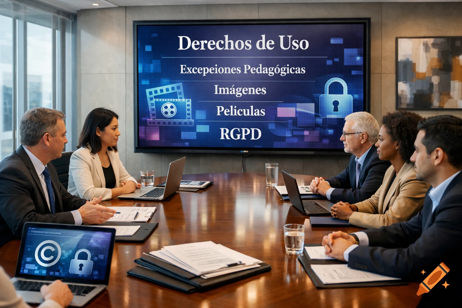 A group of professionals in a modern meeting room, looking at a large screen displaying 'Rights of Use' and related concepts.