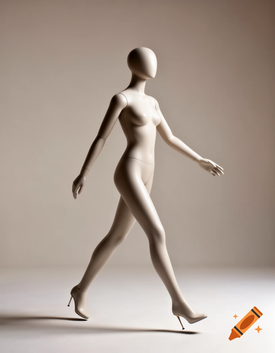 A beige mannequin in a walking pose, wearing high heels, captured in a studio setting.