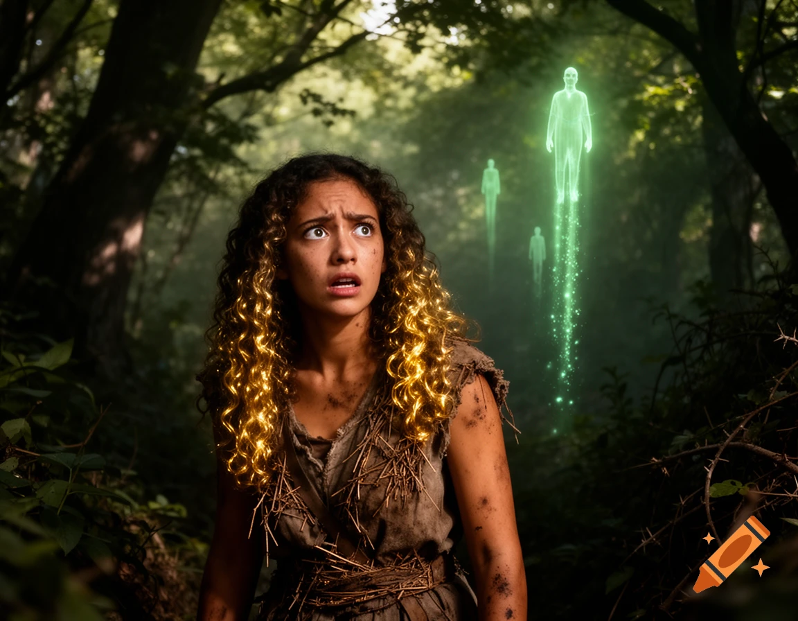 A scared young woman with glowing gold curly hair looks up as glowing green ghost-like figures float into the sky in a misty forest.