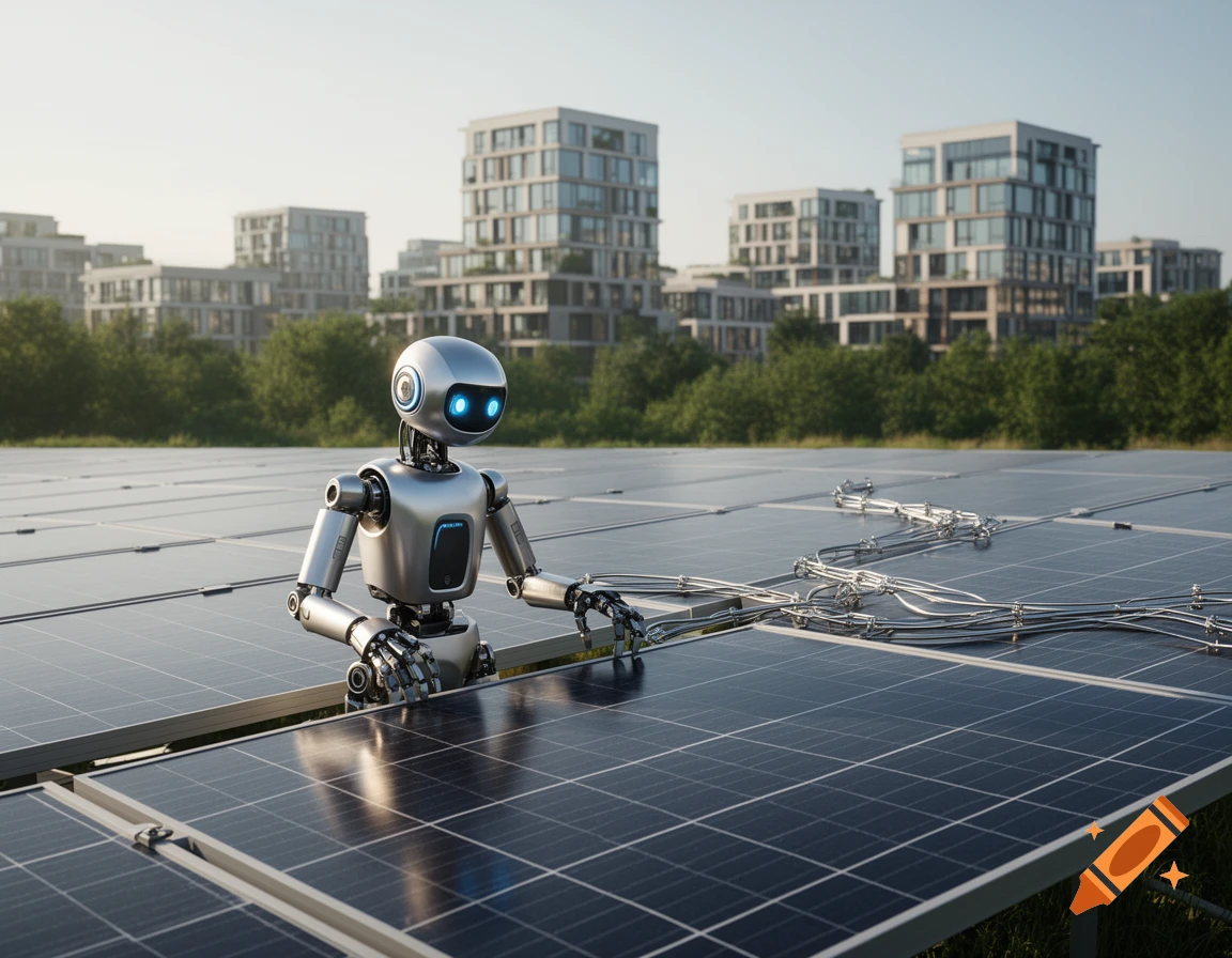 A photorealistic silver robot works on solar panels with modern buildings and trees in the background.