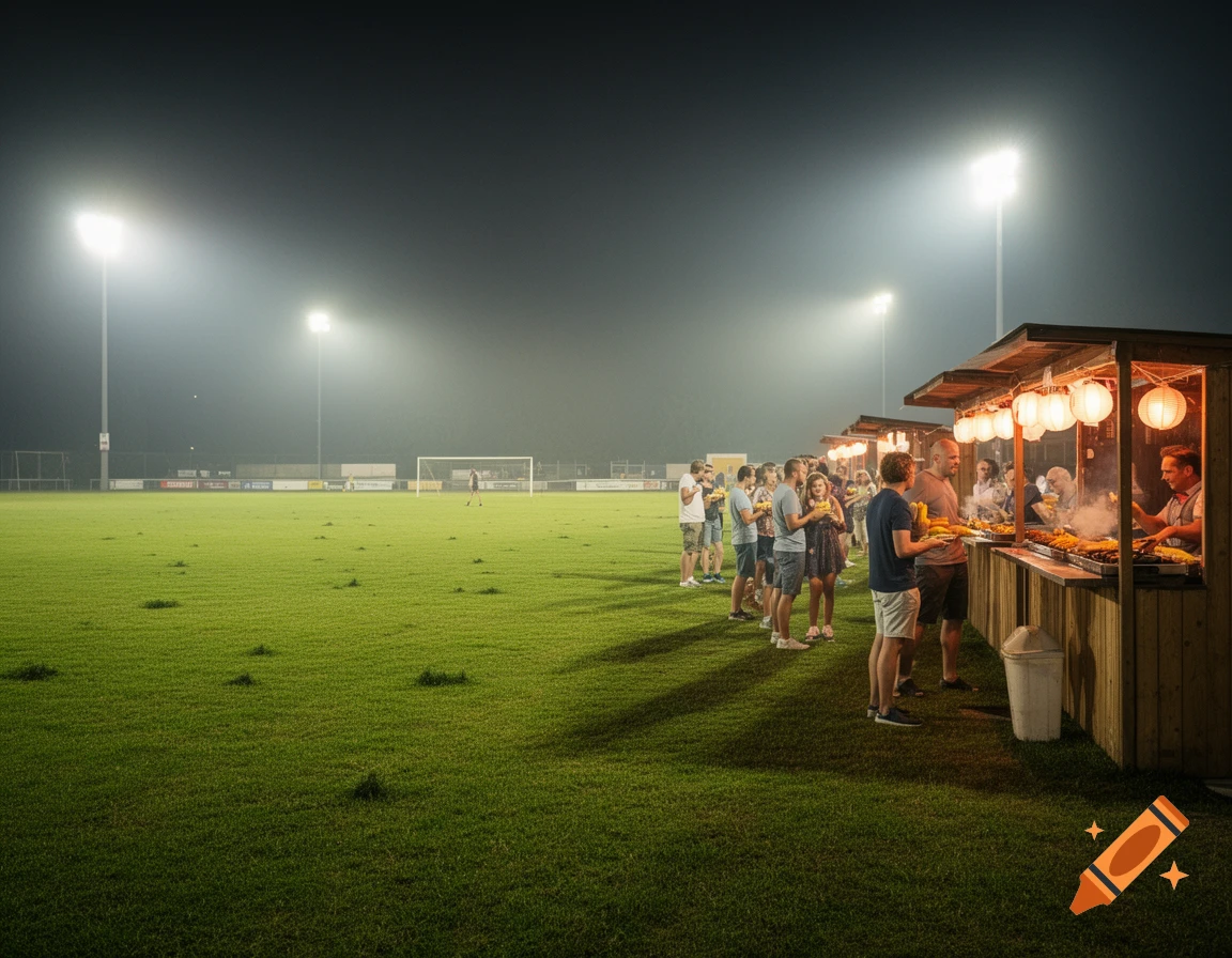 People queue for food from illuminated stalls next to a floodlit football pitch at night, photorealistic.