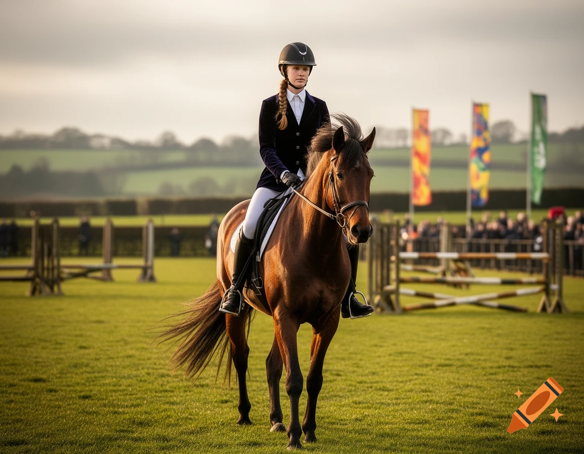 Young woman in a riding helmet and jacket on a brown horse in an equestrian field with fences and flags.
