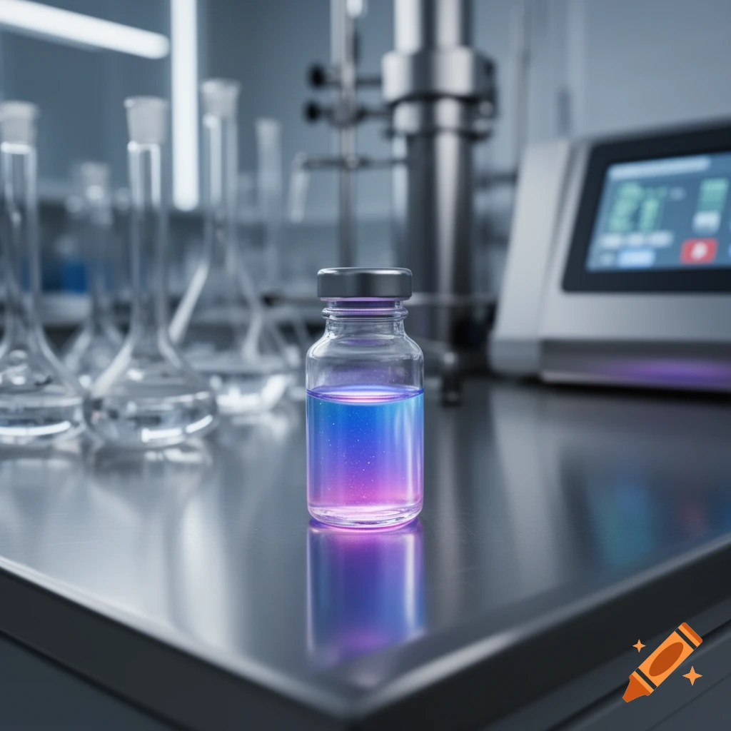 A glowing blue and pink liquid in a glass vial on a metal lab counter, with beakers and lab equipment in the blurred background.