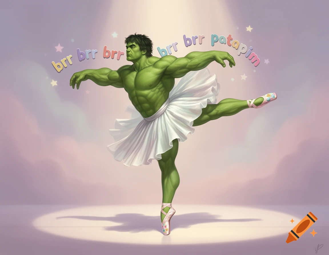 A muscular green Hulk performs ballet en pointe, wearing a white tutu and pink slippers, with "brr brr brr patapim" text above him on a soft-lit stage.