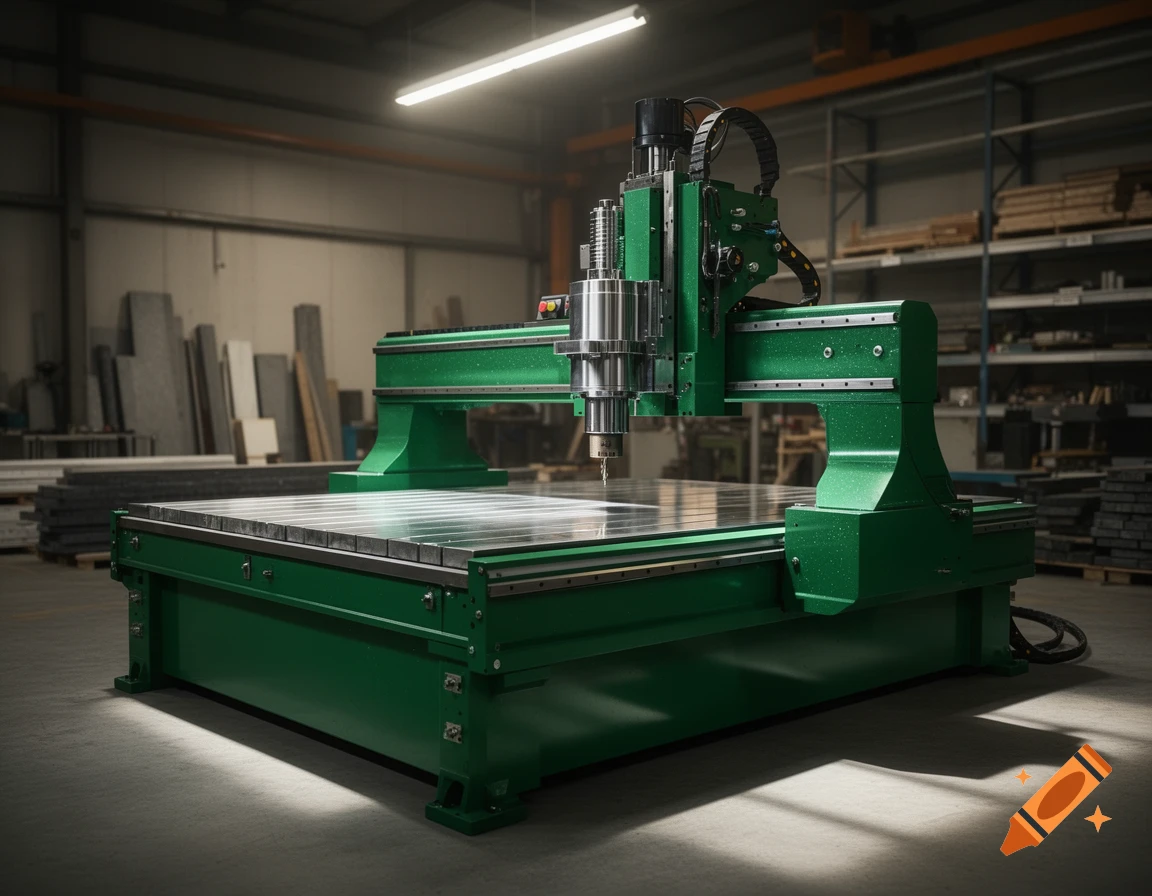 A bright green CNC milling machine stands on a workshop floor, with materials and shelving in the background.