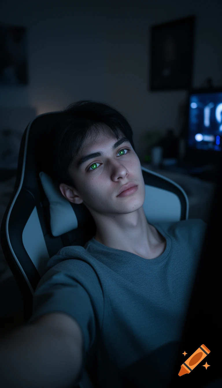 A photorealistic selfie of a young man with black hair and striking green eyes, sitting in a gaming chair in a dim room with screen glow.