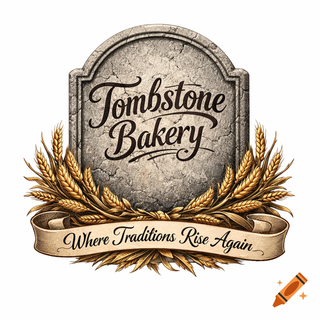 An illustrative logo for "Tombstone Bakery" featuring a stone tombstone, wheat stalks, and a banner reading "Where Traditions Rise Again".