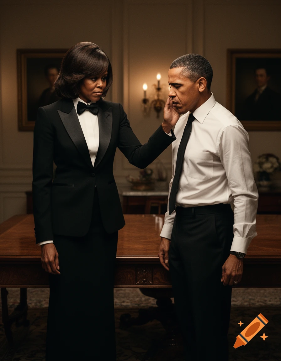 Michelle Obama in a black tuxedo reaches out to touch Barack Obama's face, who is wearing a white shirt and black tie, in a dramatic, photorealistic indoor scene.