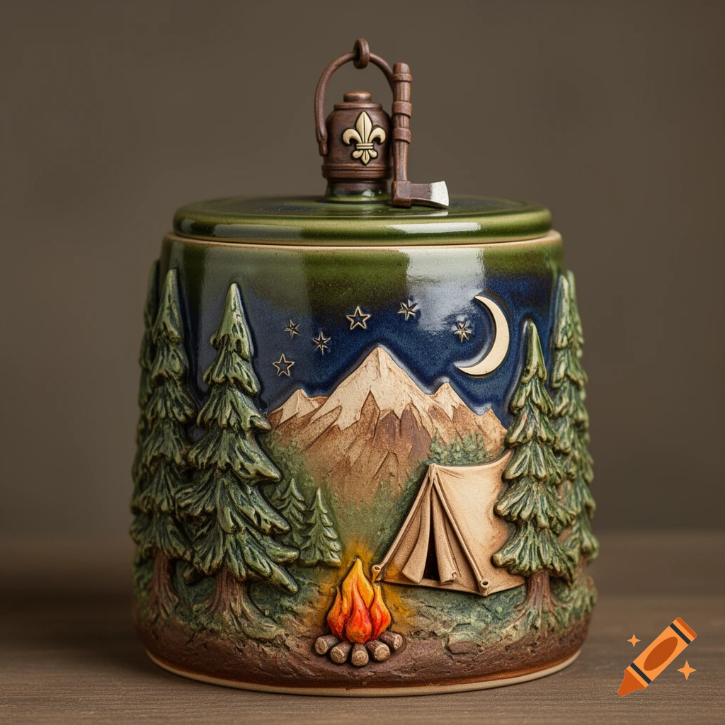 A rustic pottery cookie jar featuring a sculpted camping scene with pine trees, mountains, a tent, campfire, stars, and moon, topped with a lantern and axe.