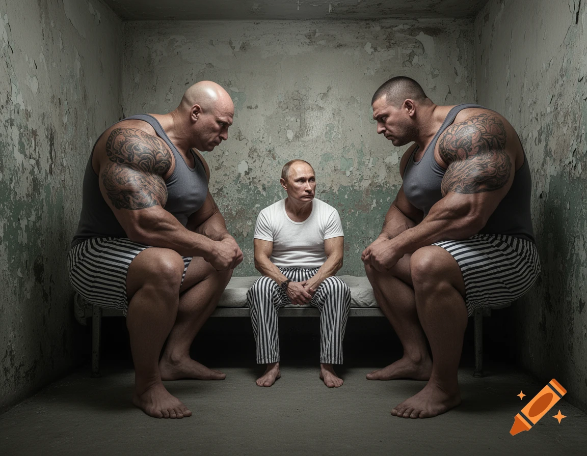 Photorealistic image of Vladimir Putin looking fearful in a prison cell, flanked by two large, muscular bodybuilders who stare down at him.