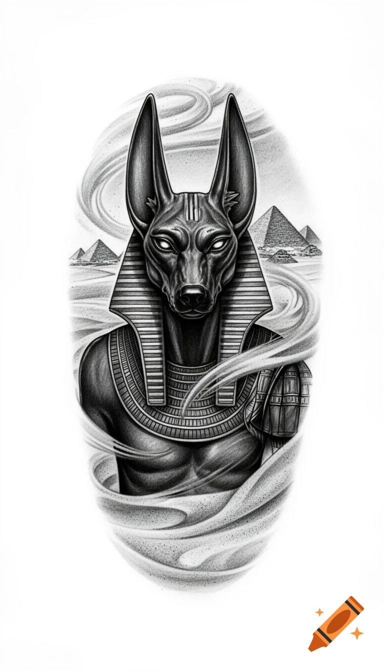 Detailed black and grey tattoo design of Anubis with a jackal head and pharaonic collar, swirling sand, and distant pyramids.