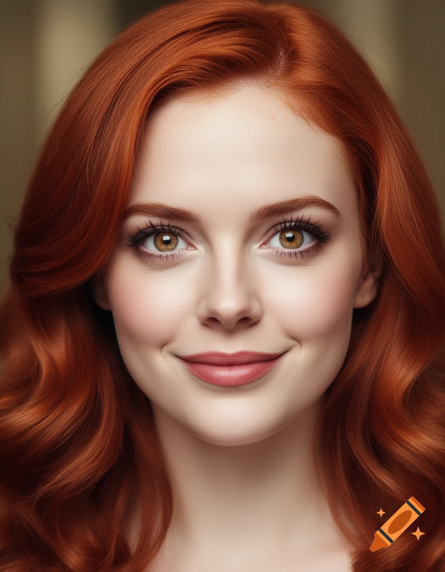 Close-up photorealistic portrait of a young woman with long, wavy red ...