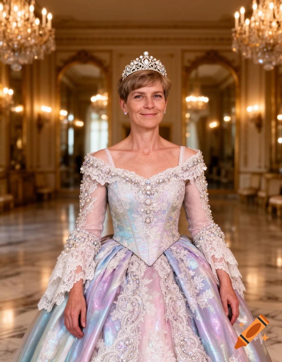 A woman with short hair wearing a shimmering iridescent princess gown and a sparkling tiara in a grand, opulent ballroom.