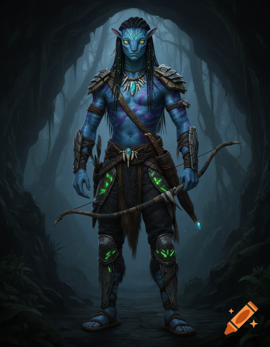 A blue-skinned Na'vi-like warrior with glowing green markings and tribal armor, holding a bow in a dark jungle.