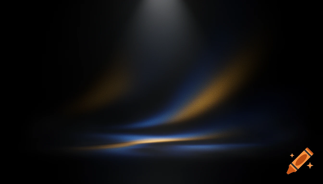 Abstract black background with spotlight, metallic gold and electric blue light streaks, cinematic atmosphere.