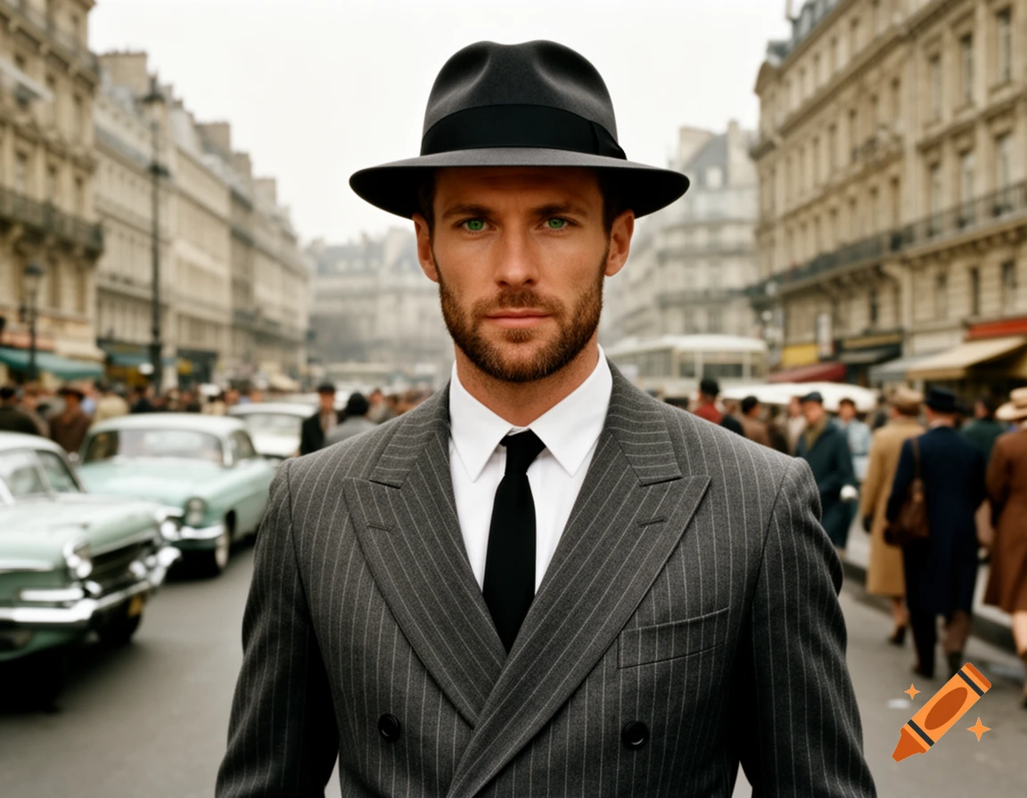 A man in a black fedora and pinstripe suit with green eyes stands on a ...