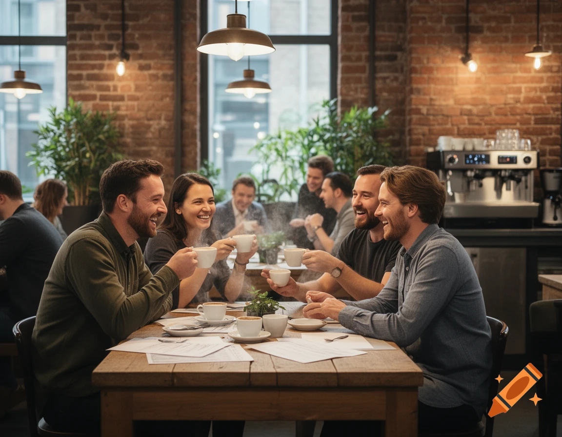Smiling people in a cozy coffee shop enjoying coffee and conversation around a wooden table, photorealistic style.