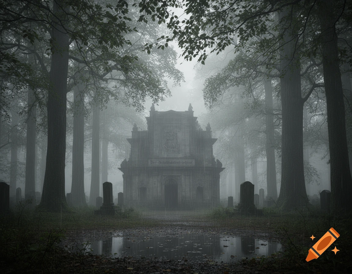 A desolate, foggy cemetery with an ornate, old stone mausoleum or chapel in the center, surrounded by tall trees and grave markers, with puddles on the ground reflecting the dim light.