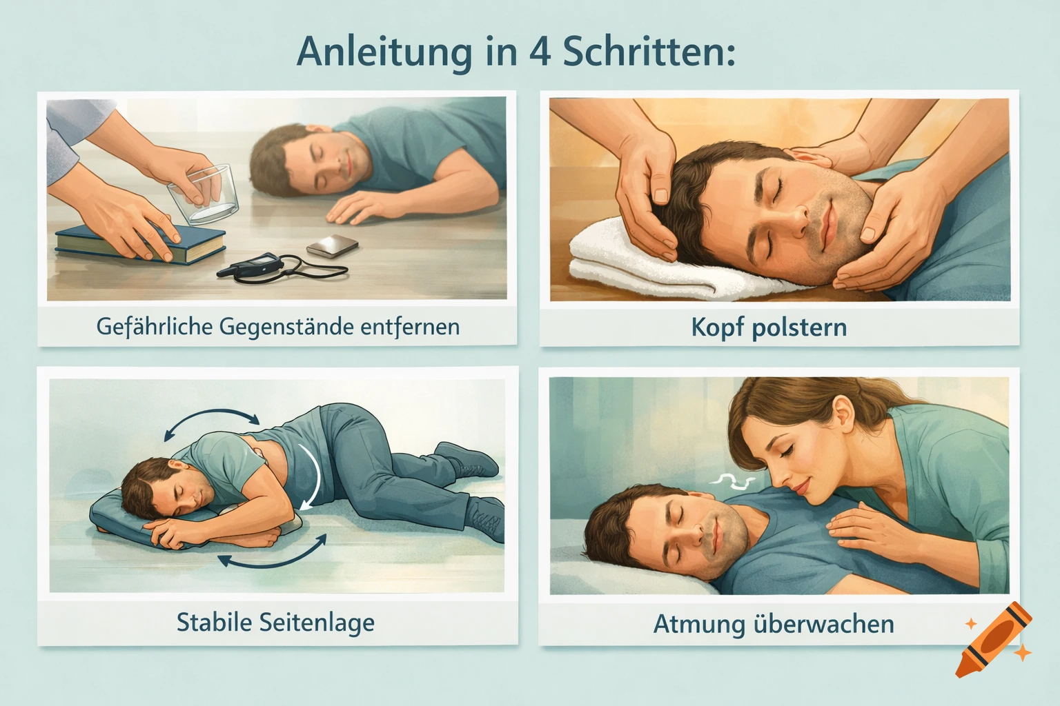 A 4-step illustrated guide showing first aid for a seizure: clearing the area, cushioning the head, placing in recovery position, and monitoring breathing.