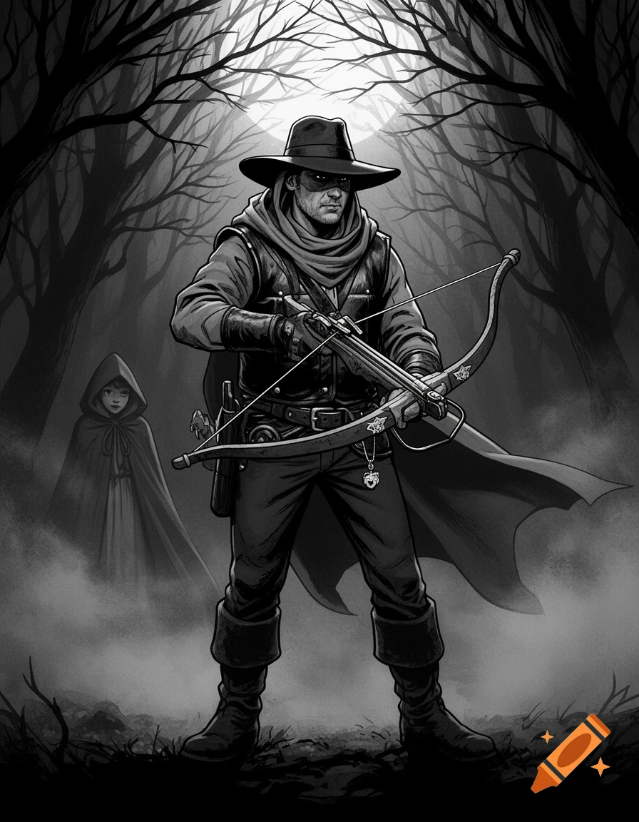 A black and white graphic novel illustration of a rugged hunter with a crossbow in a dark, foggy forest, protecting a cloaked figure.