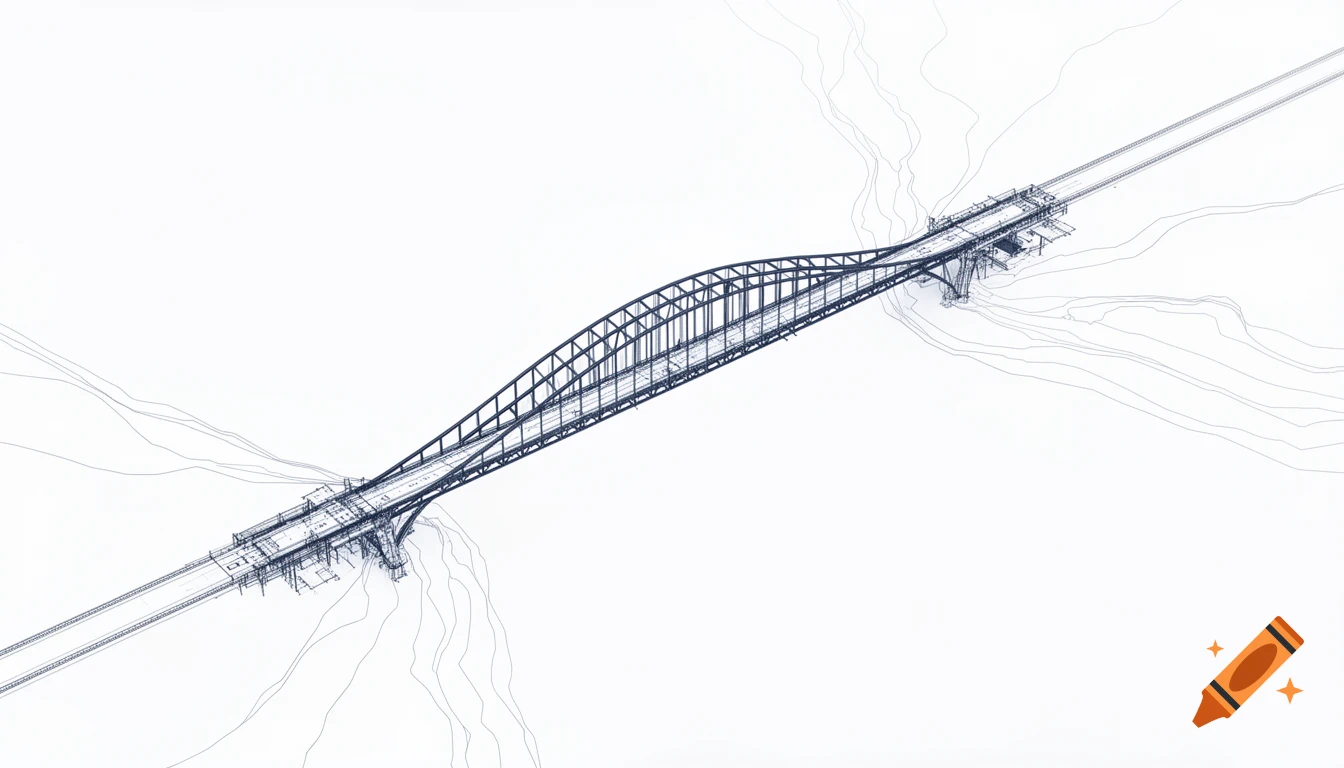 Stylized technical drawing of a bridge connecting abstract landmasses, with deep slate blue lines on a white background.