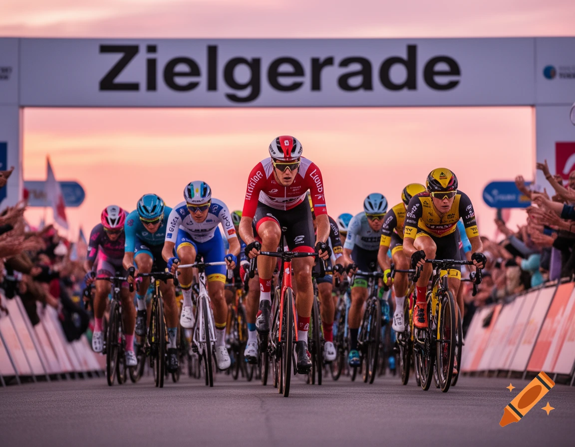 Cyclists race towards a finish line banner displaying 'Zielgerade' under a pink sunset sky, with spectators cheering.