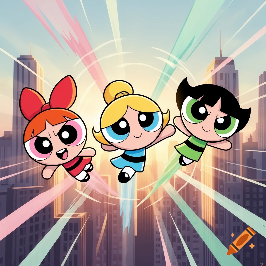 The Powerpuff Girls flying over a city skyline at sunset in a vibrant ...
