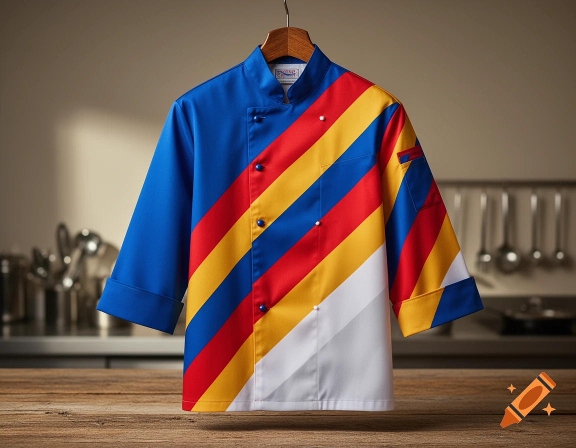 A vibrant chef's jacket with diagonal blue, red, yellow, and white stripes, hangs on a hanger in a kitchen.