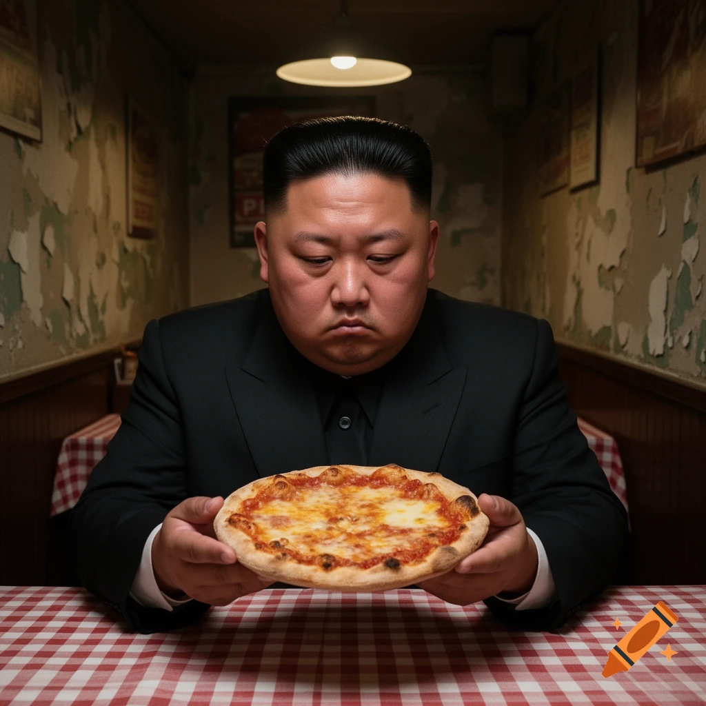 Kim Jong Un looks disappointed holding a small pizza at a red and white checkered table in a dim restaurant.