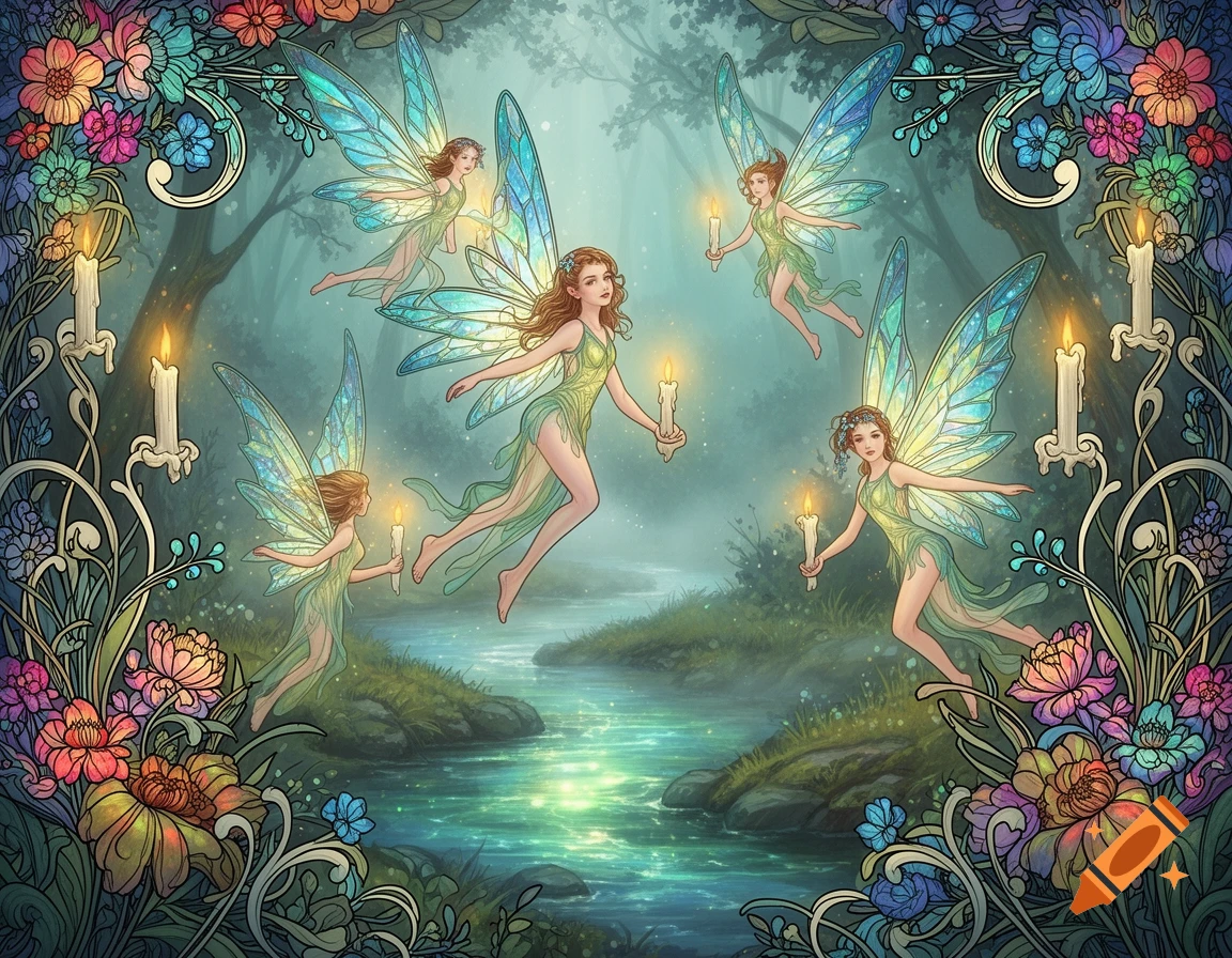 Multiple fairies with glowing wings float above a river in an enchanted forest, holding candles, framed by vibrant Art Nouveau floral borders.