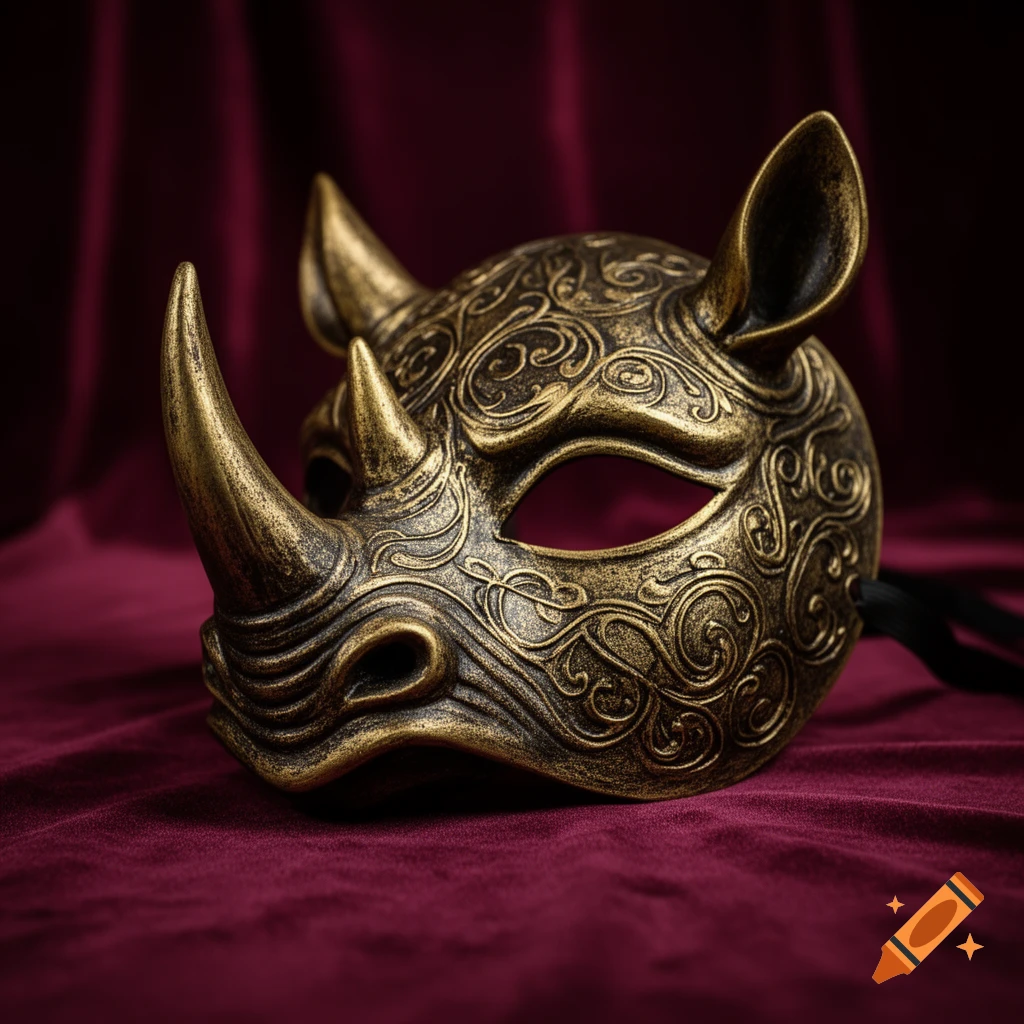 A close-up product shot of an ornate golden rhinoceros mask with intricate patterns, resting on rich burgundy velvet.