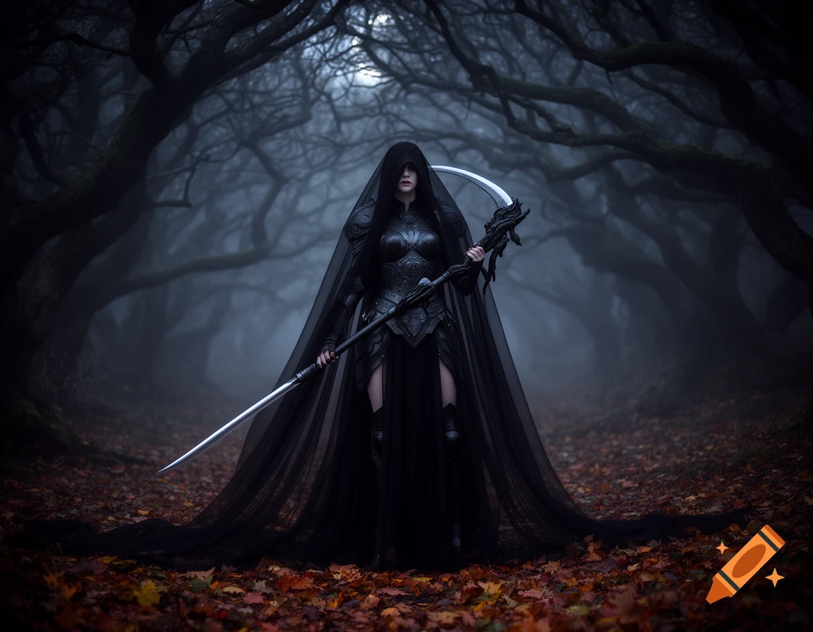 A woman in dark armor and a long black veil, wielding a scythe, stands ...