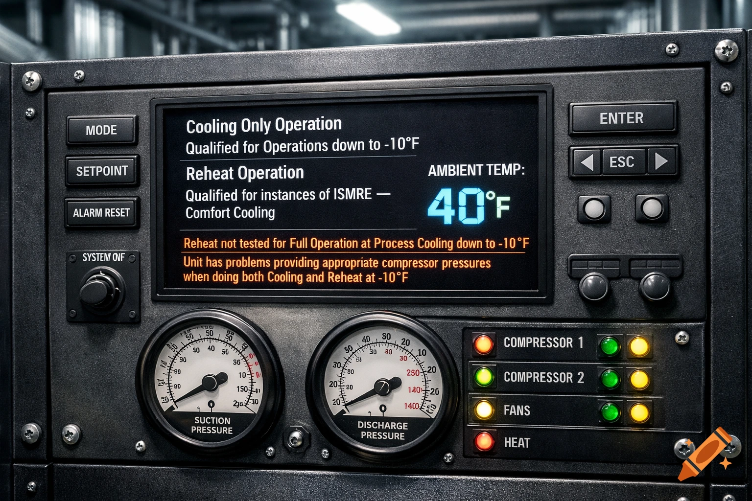 A close-up of a dark gray industrial control panel with a digital display showing operational information and an ambient temperature of 40°F. Two analog gauges, labeled 'SUCTION PRESSURE' and 'DISCHARGE PRESSURE', are below the screen. Buttons like 'MODE', 'SETPOINT', 'ALARM RESET', and 'ENTER' are visible, along with indicator lights for 'COMPRESSOR 1', 'COMPRESSOR 2', 'FANS', and 'HEAT'.