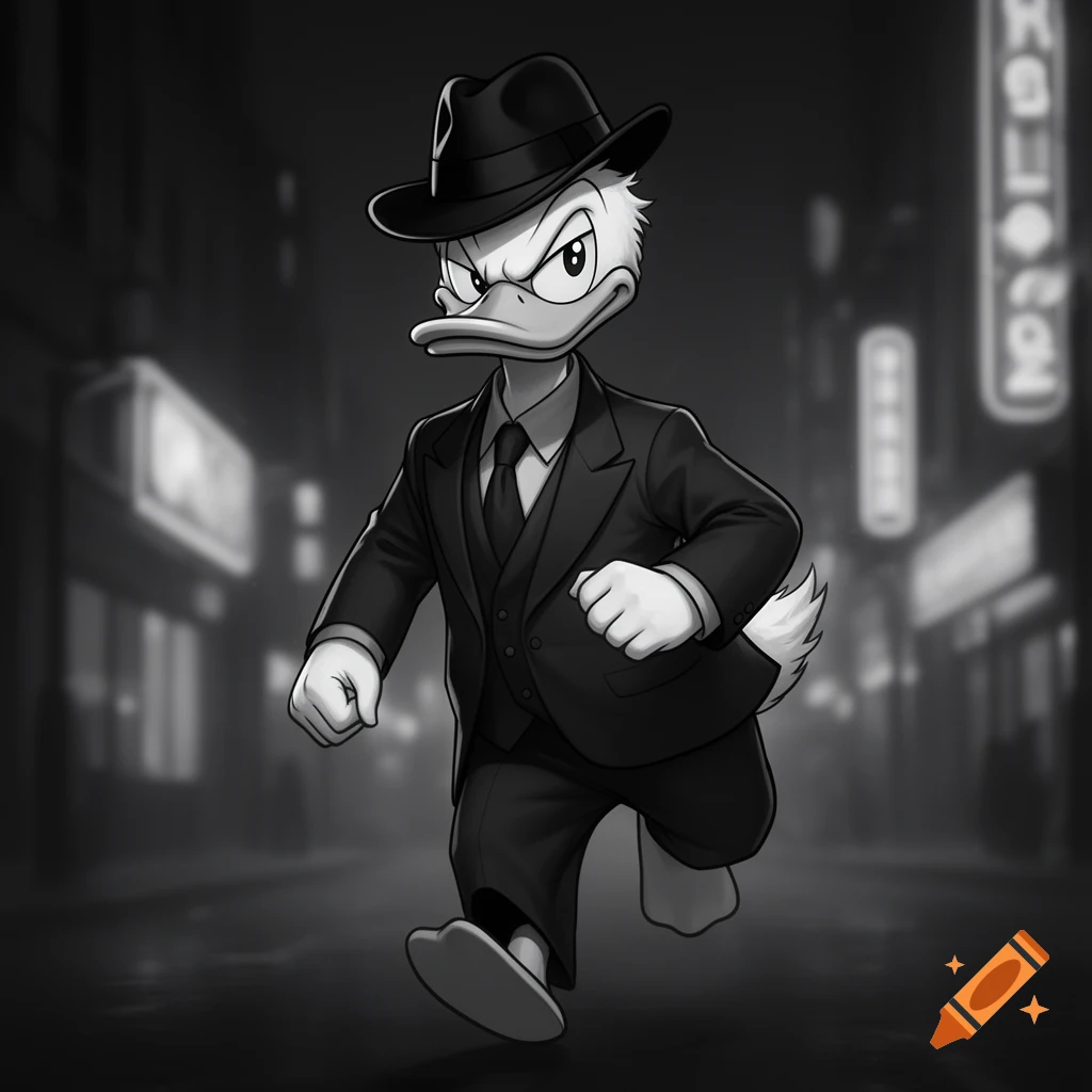 Black and white cartoon illustration of Donald Duck in a suit and fedora, running determinedly down a dark city street.