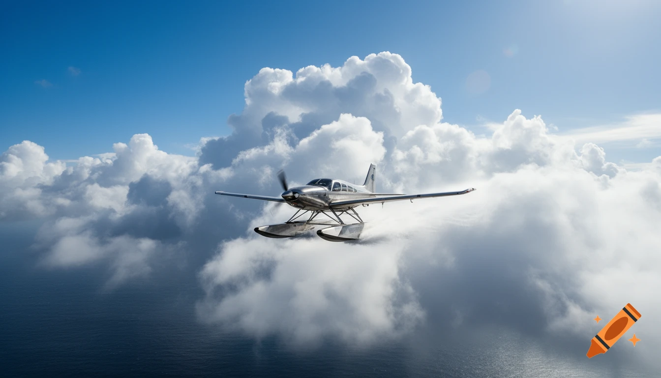 A silver seaplane flies through large white clouds above a dark blue ocean under a bright blue sky.