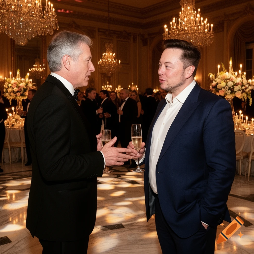 Two men in suits, one resembling Elon Musk, talk and hold champagne flutes at a lavish formal event with chandeliers.
