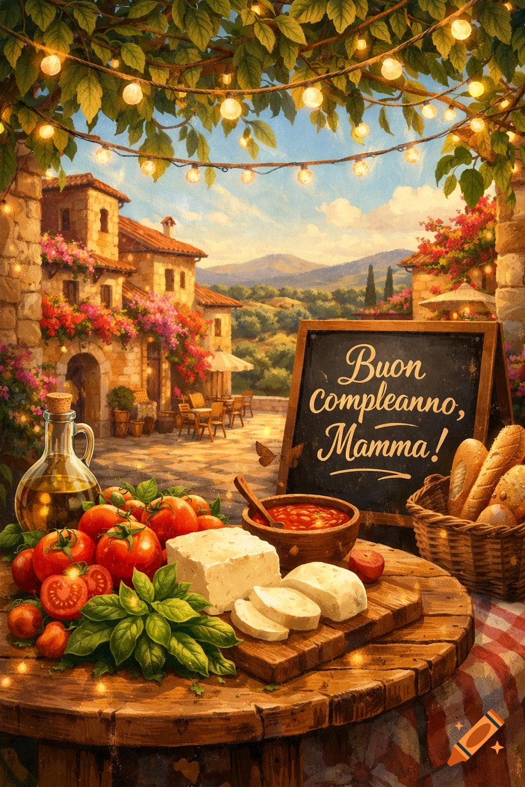 Italian village scene illustration with a table of tomatoes, cheese, basil, bread, and olive oil. A blackboard reads 'Buon Compleanno, Mamma!'